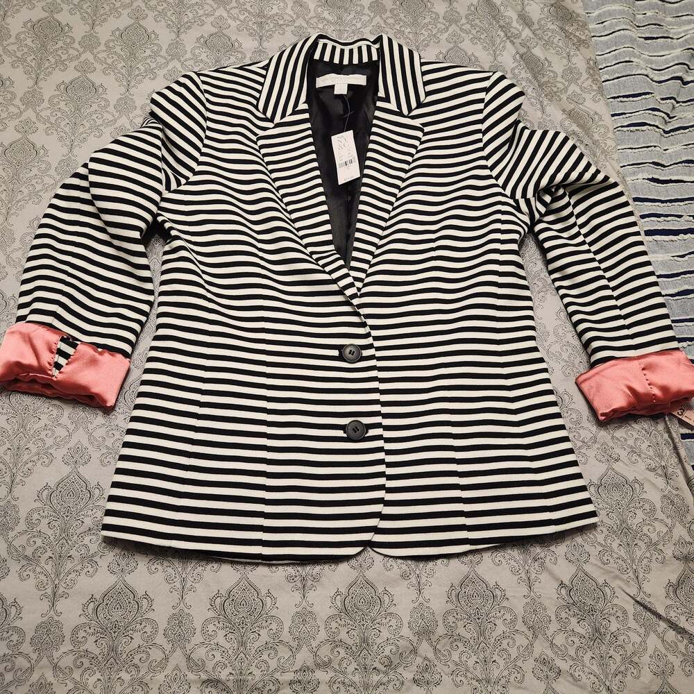 New York & Company Black and White Striped Blazer with Pink Satin Cuffs